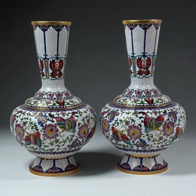 Pair of Chinese Cloisonne Vases Lotus and Floral Design