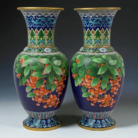 Pair of Chinese Cloisonne Vases Blue Ground with Red Berries