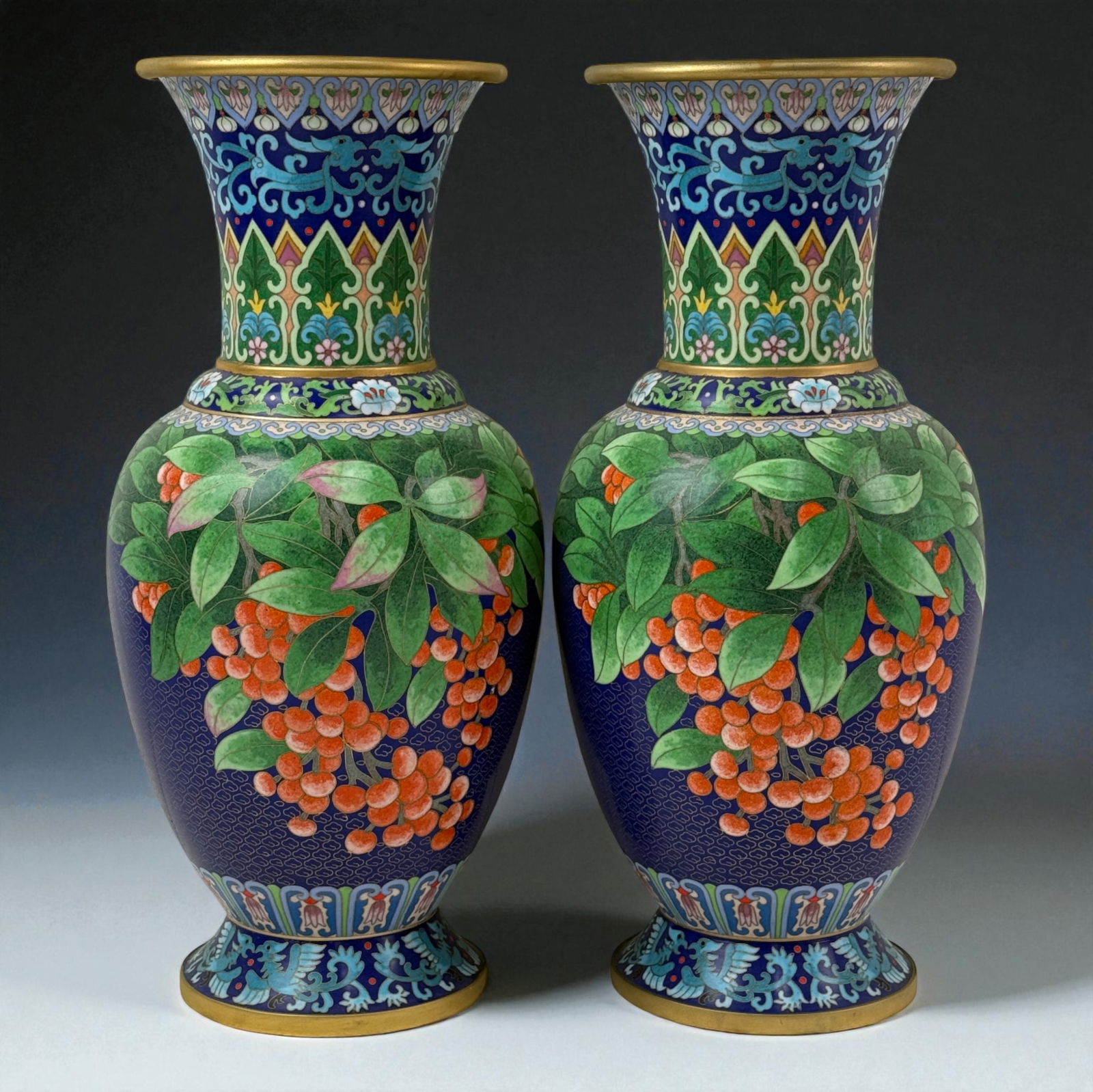 Pair of Chinese Cloisonne Vases Blue Ground with Red Berries (1 of 12)