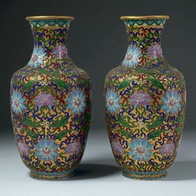 Pair of Chinese Cloisonne Vases Gold Floral Scrolls