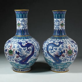 Pair of Chinese Cloisonne Vases Gold Floral Scrolls