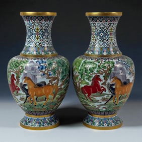 Pair of Chinese Cloisonne Vases Gold Floral Scrolls