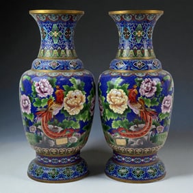 Pair of Chinese Cloisonne Vases Gold Floral Scrolls