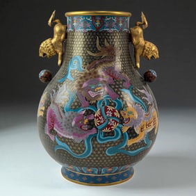 Chinese Hu Form Cloisonne Enamel Vase with Fu Dog Gilt Gold Handle