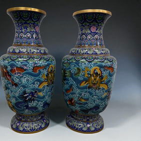 Large Pair Chinese Dragon Cloisonne Vases