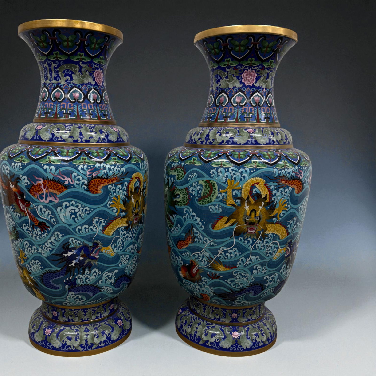 Large Pair Chinese Dragon Cloisonne Vases (1 of 13)