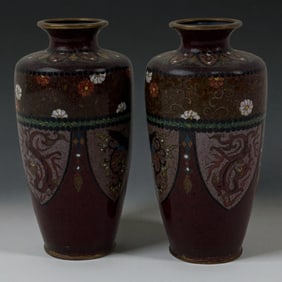 Antique Pair Japanese Enamel Vases
