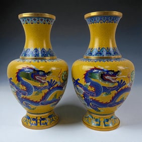 Pair Chinese Cloisonne Yelow background Dragon Vases