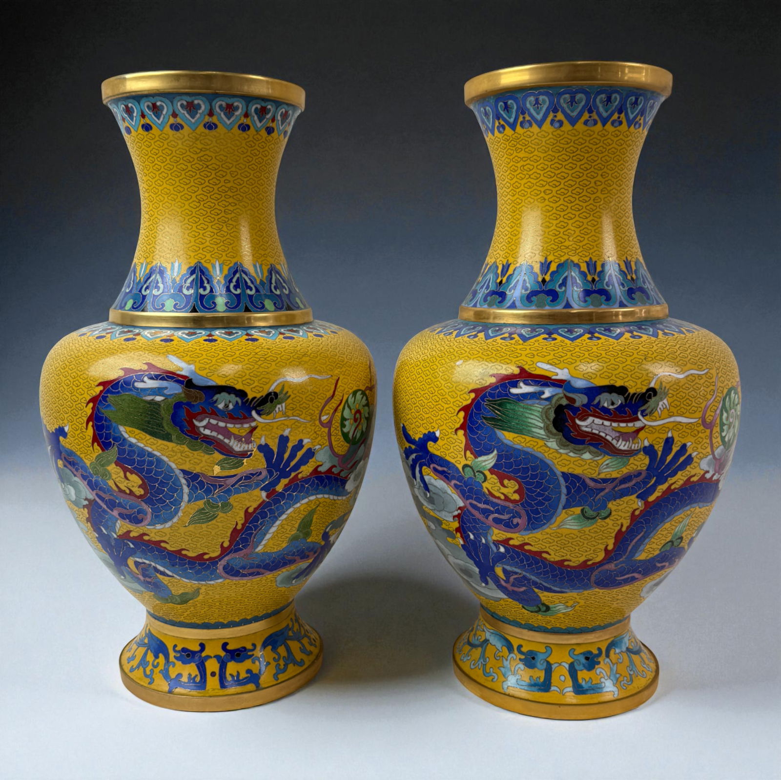 Pair Chinese Cloisonne Yelow background Dragon Vases: Pair Chinese Cloisonne Yelow background Dragon Vases 15" inches