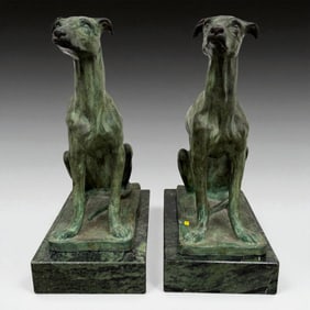 Pair of Bronze Greyhound Sculptures on Marble Bases