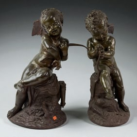 Antique Pair of Bronze Cherub Sculptures with Bow and Quiver