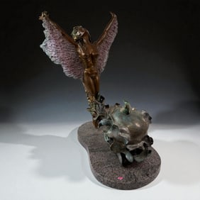 Contemporary Bronze Winged Female Figure on Stone Base