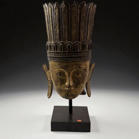 Antique Tall Gilded Wood Buddha Head with Headdress on Stand