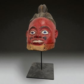 African Carved Red Painted Mask on Stand