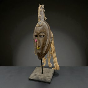 African Elongated Mask with Crest and Fiber Elements