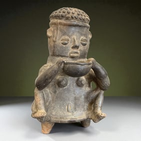African Terracotta Seated Figure with Bowl