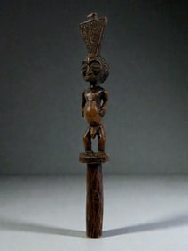 African Carved Staff Finial with Female Figure