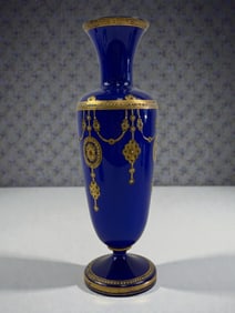European Cobalt Blue Glass Vase with Pendant Motifs