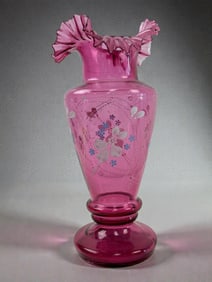 European Pink Art Glass Vase with Enamel Flowers