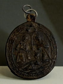 Medieval wood Pendant with Religious Scene