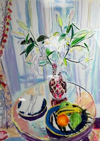 Pastel on paper Colorful Still Life with Lilies and Fruit by Billy Sullivan