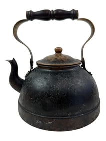Antique Metal Tea Kettle with Wooden Handle