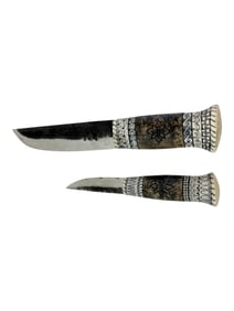 Pair of Scandinavian-Style Carved Bone-Handled Knives ? Folk Art Designs