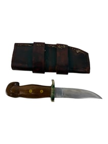 Vintage Clip-Point Hunting Knife ? Brass Fittings & Leather Sheath