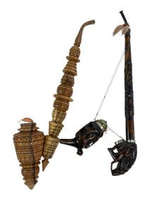 Lot of 2 Carved Wooden Smoking Pipes Folk Art Forms