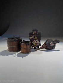 American Miniature Wooden Household Items ? Buckets, Wall Pocket & Bellows