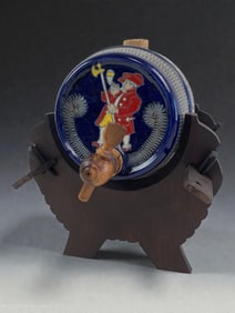 Vintage Ceramic Spirit Barrel on Wooden Stand ? Hand-Painted