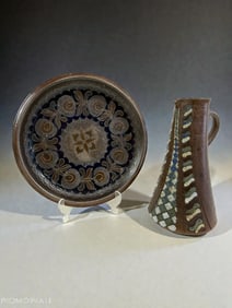 German Stoneware Plate & Pitcher ? Relief & Inlaid Decoration