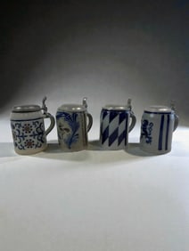Set of 4 Lidded German Beer Steins ? Blue & White