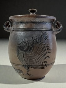Large Ruhlmann family pottery in Alsace France Westerwald Salt-Glazed Pot with Rooster Relief