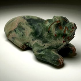 Chinese Hand Carved Green Jade-Style Carved Reclining Feline