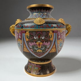 Chinese Cloisonne Vase with Lion Handle gilt gold
