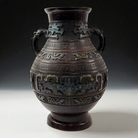 Large Chinese Bronze Hu-Form Vessel with Taotie Masks