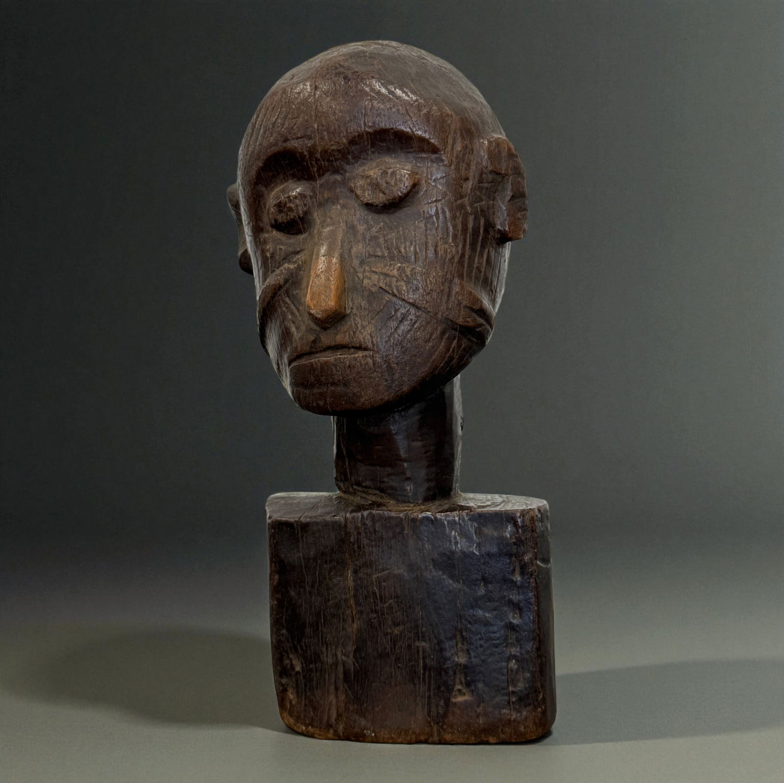 Tribal Wooden Head Mask: Tribal Wooden Head, hand-carved traditional African tribal art. Provenance: Beverly Hills Barakat Gallery Collection. 8"