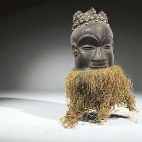 African Mask with Cowrie Crown and Fiber Beard