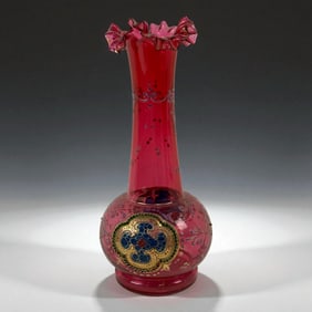 Antique Cranberry Gilt Enamel Vase