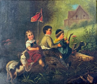 19th Century Genre Painting – Children Riding a Log with Dog