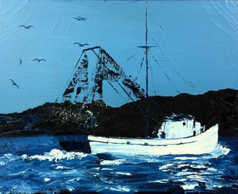 Oil Painting on Canvas by  Sailor Nautical Seascape – Fishing Boat in Blue Waters
