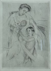 Antique Mother and Child Etching by American artist Mary Cassatt.