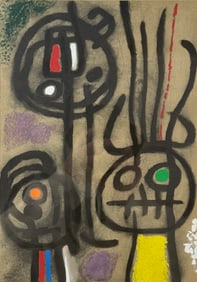 Joan Miro "personnage Et Oiseau"  Abstract Modernist Mixed Media Painting - Three Figures