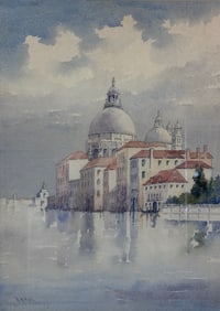 Venice Santa Maria della Salute Watercolor Signed lower left E. M. Welch