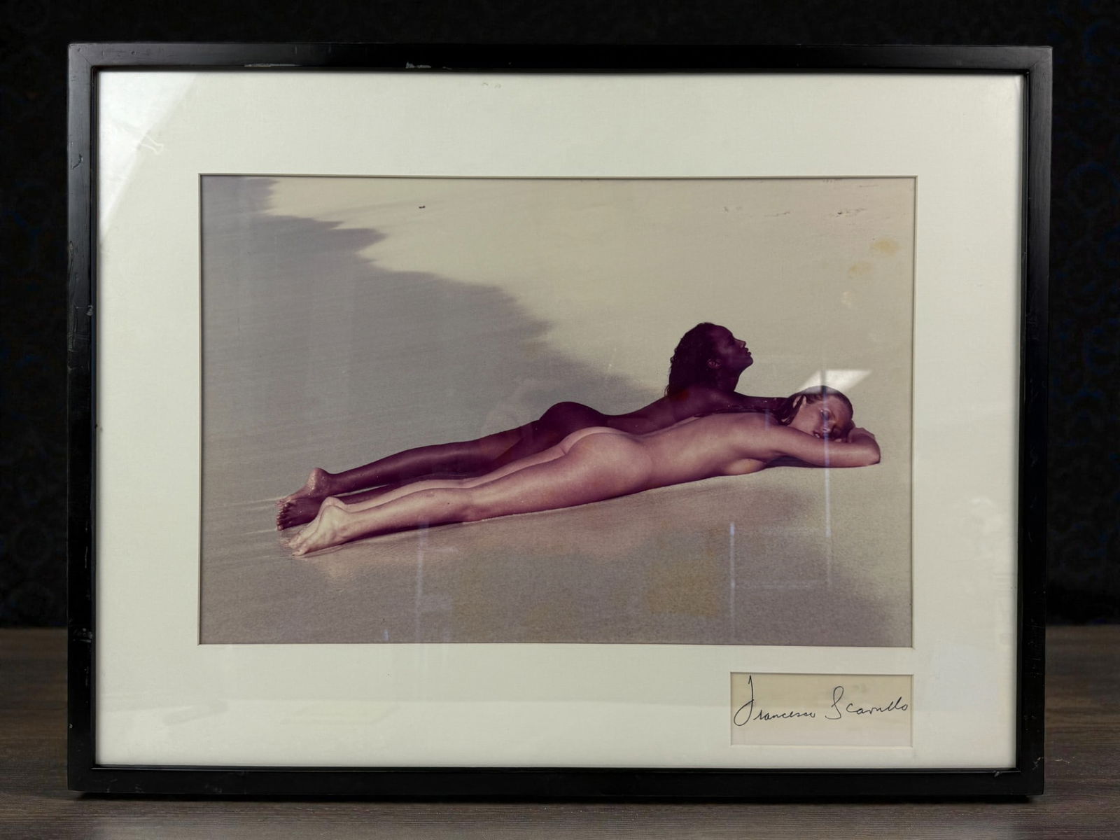 Francesco Scavullo Signed Nude Beach Photograph: Artist: Francesco Scavullo (American, 1921–2004). Medium: Color photograph on paper. Date: Late 20th century. Notes: Signed by the artist on the mat.Color photograph by Francesco Scavullo depicting