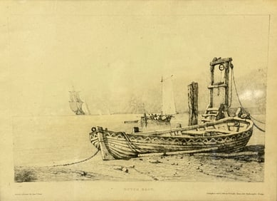 Etching titled Dutch Boat by British artist Samuel Prout