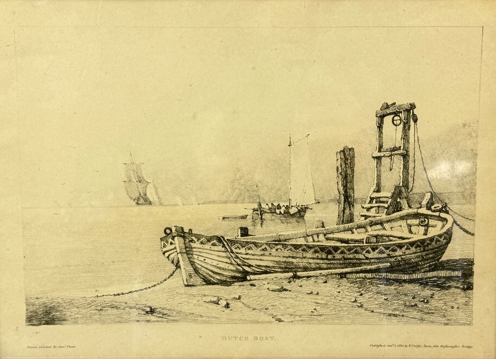 Etching titled Dutch Boat by British artist Samuel Prout: Etching titled Dutch Boat by British artist Samuel Prout. Size is 20.5" x 17"
