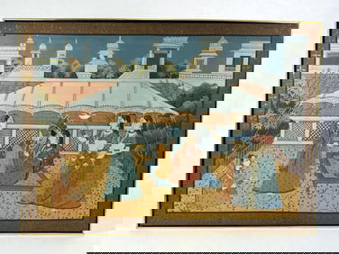 Large Indian Miniature Style Court Scene Painting on Canvas