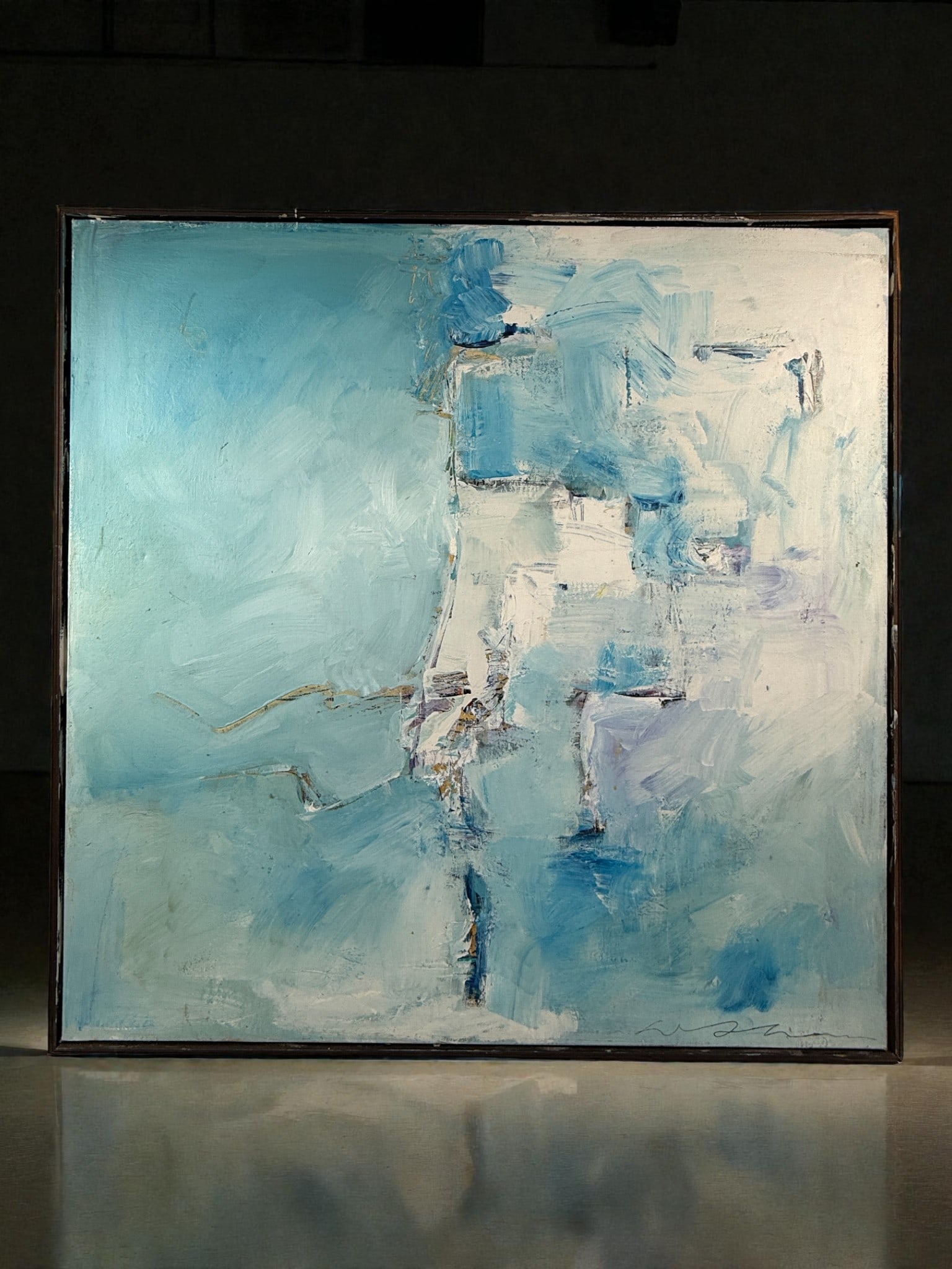Mid Century Signed Abstract Blue & White Painting: Artist: Unknown (20th century). Medium: Oil or acrylic on canvas. Date: Late 20th century. Notes: Signed lower right with an indistinct signature. Abstract painting featuring layered gestural brushwor